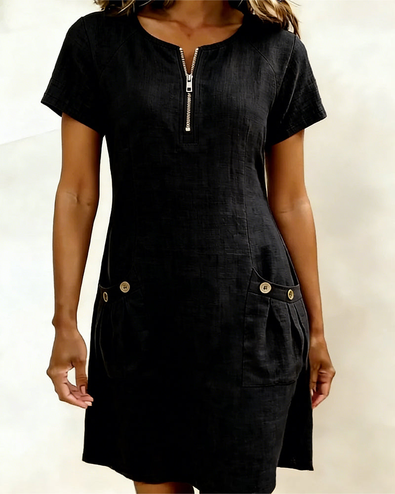 Renée - Robe Fermeture Éclair Poche Coton Lin
