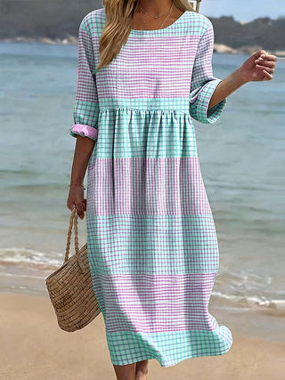 Rose | Robe en Coton et Lin Imprimée à Col Rond et Manches Mi-Longues pour Femmes
