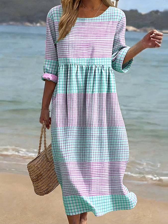 Rose | Robe en Coton et Lin Imprimée à Col Rond et Manches Mi-Longues pour Femmes