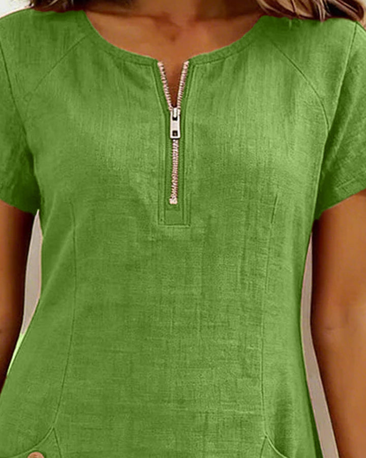 Renée - Robe Fermeture Éclair Poche Coton Lin
