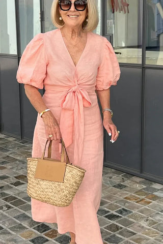 Merle | Robe Maxi en Coton avec Col en V et Manches Bouffantes