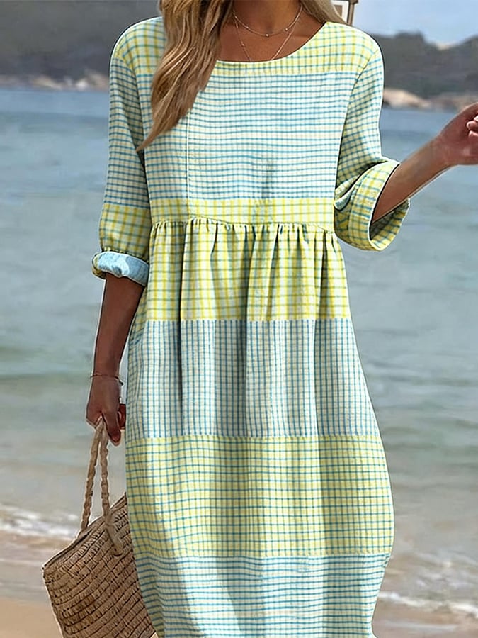 Rose | Robe en Coton et Lin Imprimée à Col Rond et Manches Mi-Longues pour Femmes