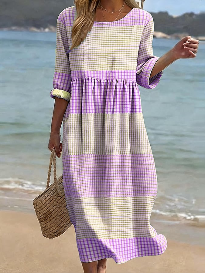 Rose | Robe en Coton et Lin Imprimée à Col Rond et Manches Mi-Longues pour Femmes
