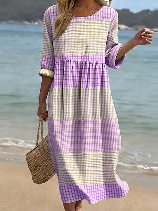 Rose | Robe en Coton et Lin Imprimée à Col Rond et Manches Mi-Longues pour Femmes