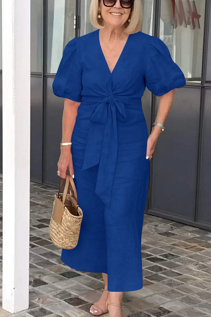 Merle | Robe Maxi en Coton avec Col en V et Manches Bouffantes