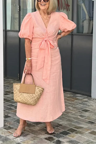 Merle | Robe Maxi en Coton avec Col en V et Manches Bouffantes