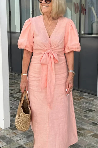 Merle | Robe Maxi en Coton avec Col en V et Manches Bouffantes