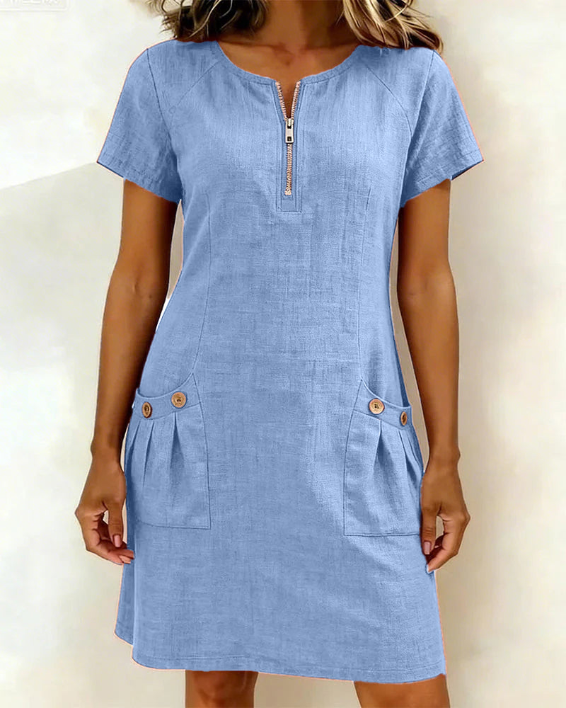 Renée - Robe Fermeture Éclair Poche Coton Lin