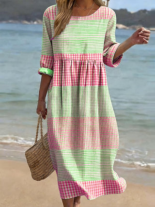 Rose | Robe en Coton et Lin Imprimée à Col Rond et Manches Mi-Longues pour Femmes