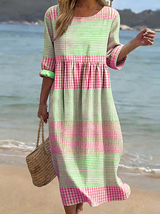 Rose | Robe en Coton et Lin Imprimée à Col Rond et Manches Mi-Longues pour Femmes