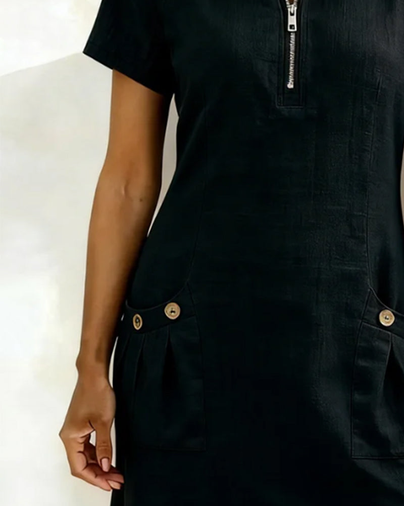 Renée - Robe Fermeture Éclair Poche Coton Lin
