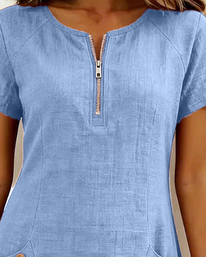 Renée - Robe Fermeture Éclair Poche Coton Lin
