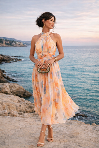Océane | Robe Dos-Nu à Motif Aquarelle