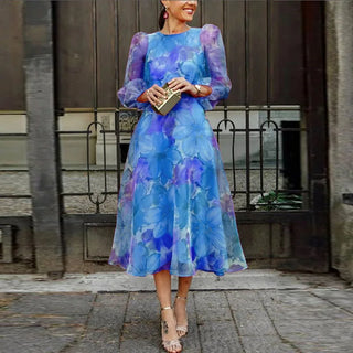 Eva | Robe de Mariage Invité, Robe Midi Imprimée Fleurie pour Femmes, Rose & Bleu