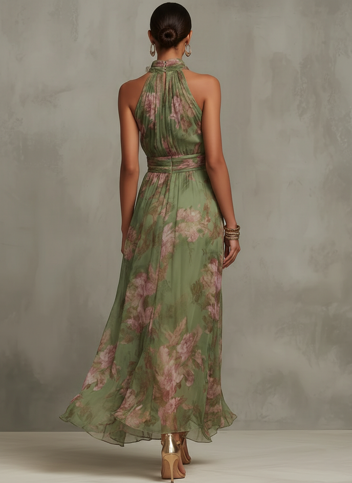 Éléonore | Robe Maxi Fleurie en Mousseline à Col Halter