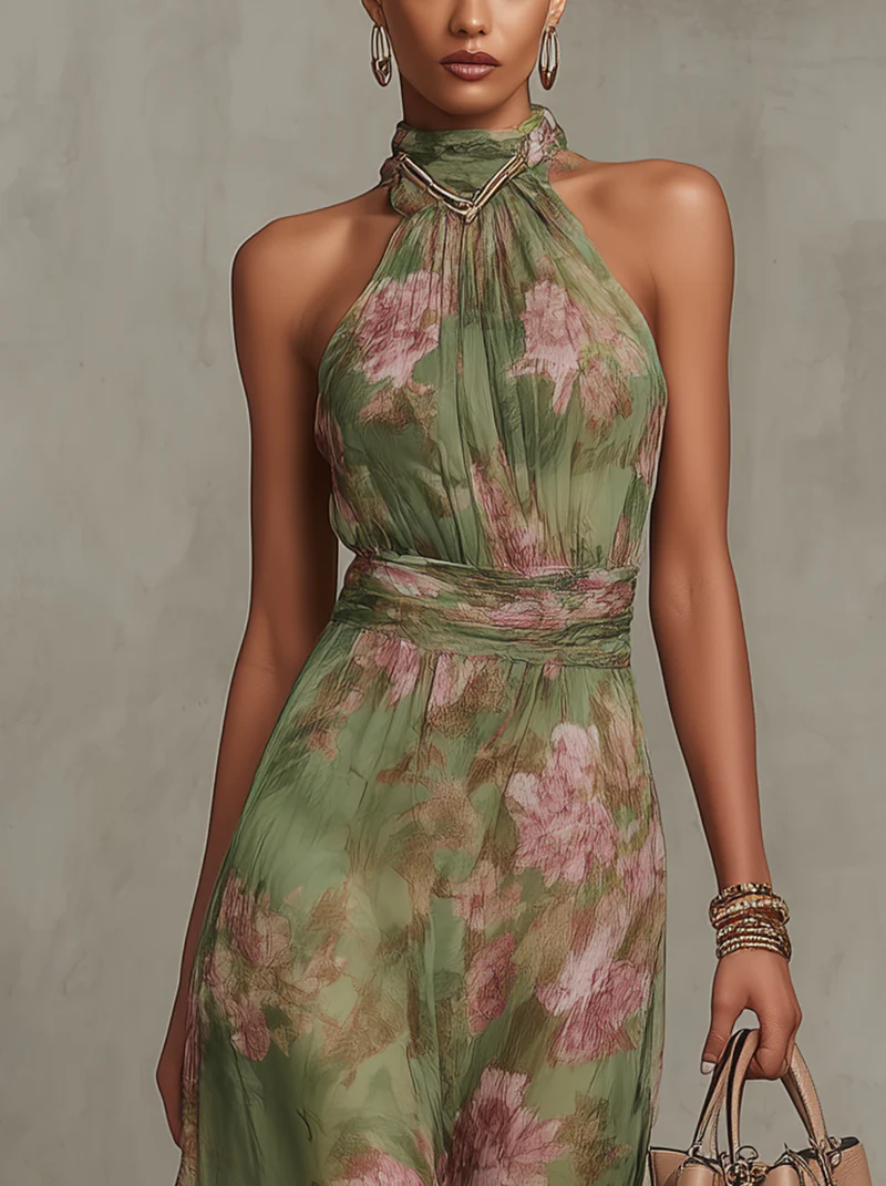 Éléonore | Robe Maxi Fleurie en Mousseline à Col Halter