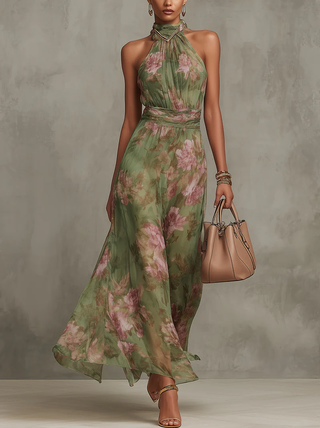 Éléonore | Robe Maxi Fleurie en Mousseline à Col Halter