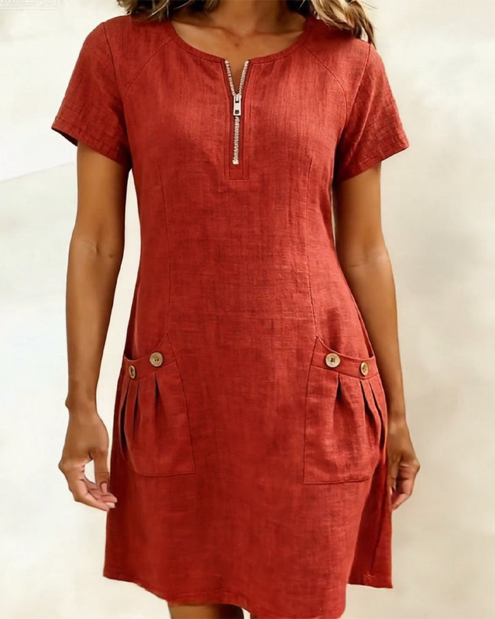 Renée - Robe Fermeture Éclair Poche Coton Lin