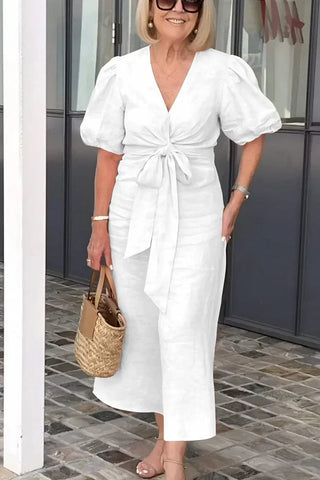 Merle | Robe Maxi en Coton avec Col en V et Manches Bouffantes