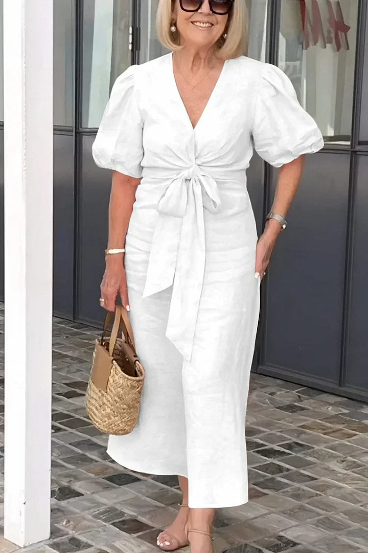 Merle | Robe Maxi en Coton avec Col en V et Manches Bouffantes