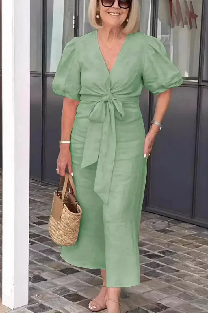 Merle | Robe Maxi en Coton avec Col en V et Manches Bouffantes