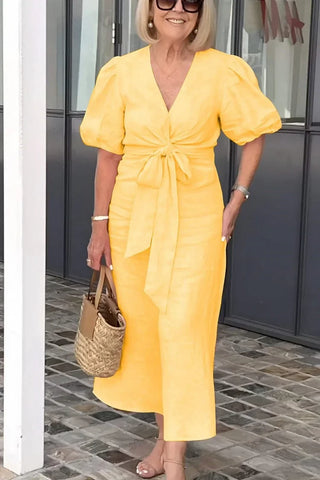 Merle | Robe Maxi en Coton avec Col en V et Manches Bouffantes