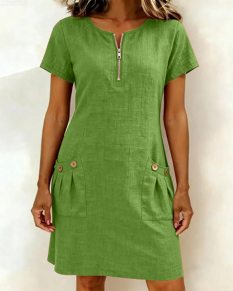 Renée - Robe Fermeture Éclair Poche Coton Lin