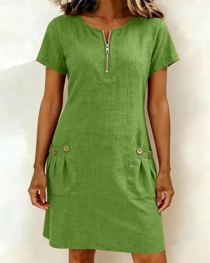 Renée - Robe Fermeture Éclair Poche Coton Lin