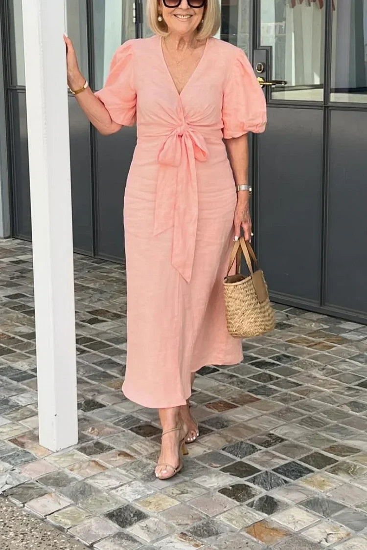 Merle | Robe Maxi en Coton avec Col en V et Manches Bouffantes
