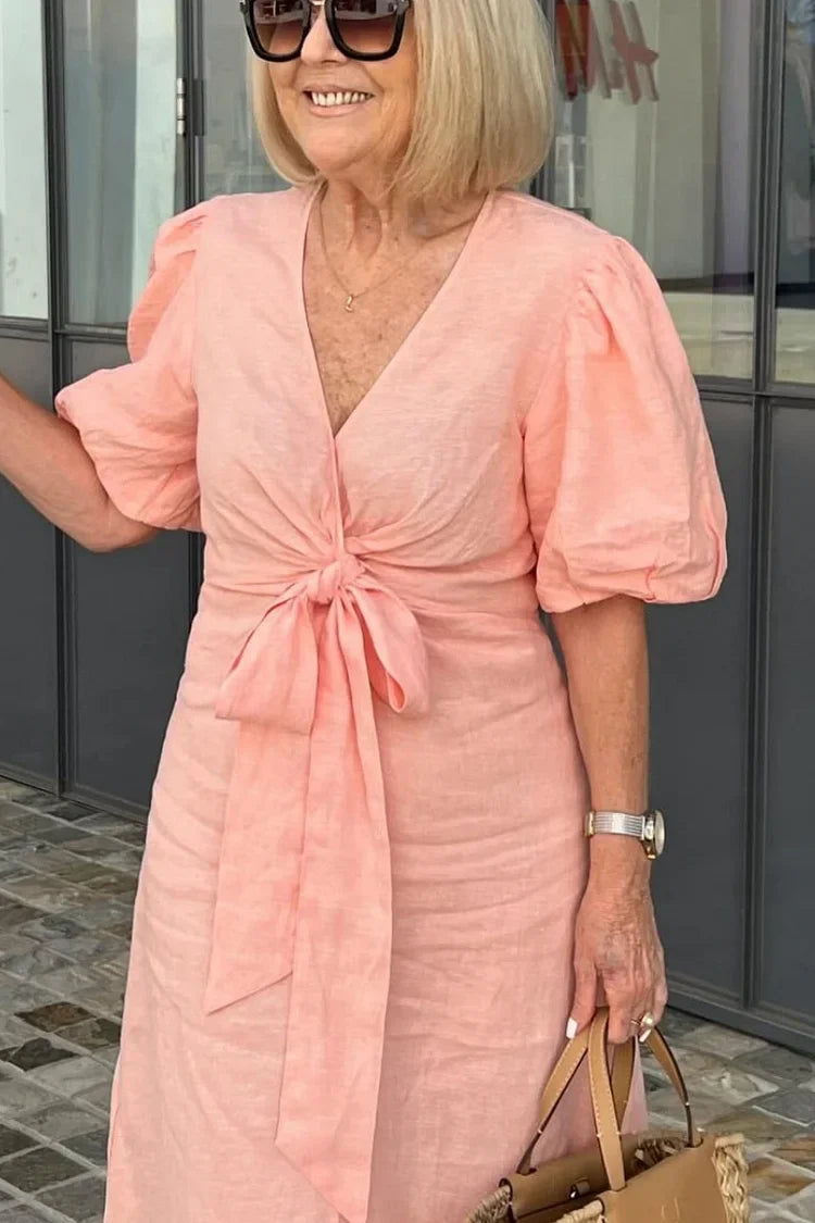 Merle | Robe Maxi en Coton avec Col en V et Manches Bouffantes