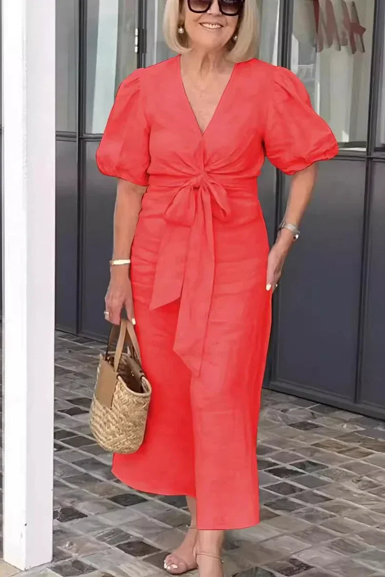 Merle | Robe Maxi en Coton avec Col en V et Manches Bouffantes