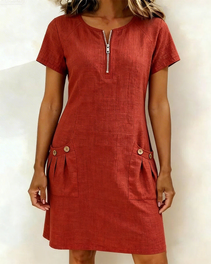 Renée - Robe Fermeture Éclair Poche Coton Lin