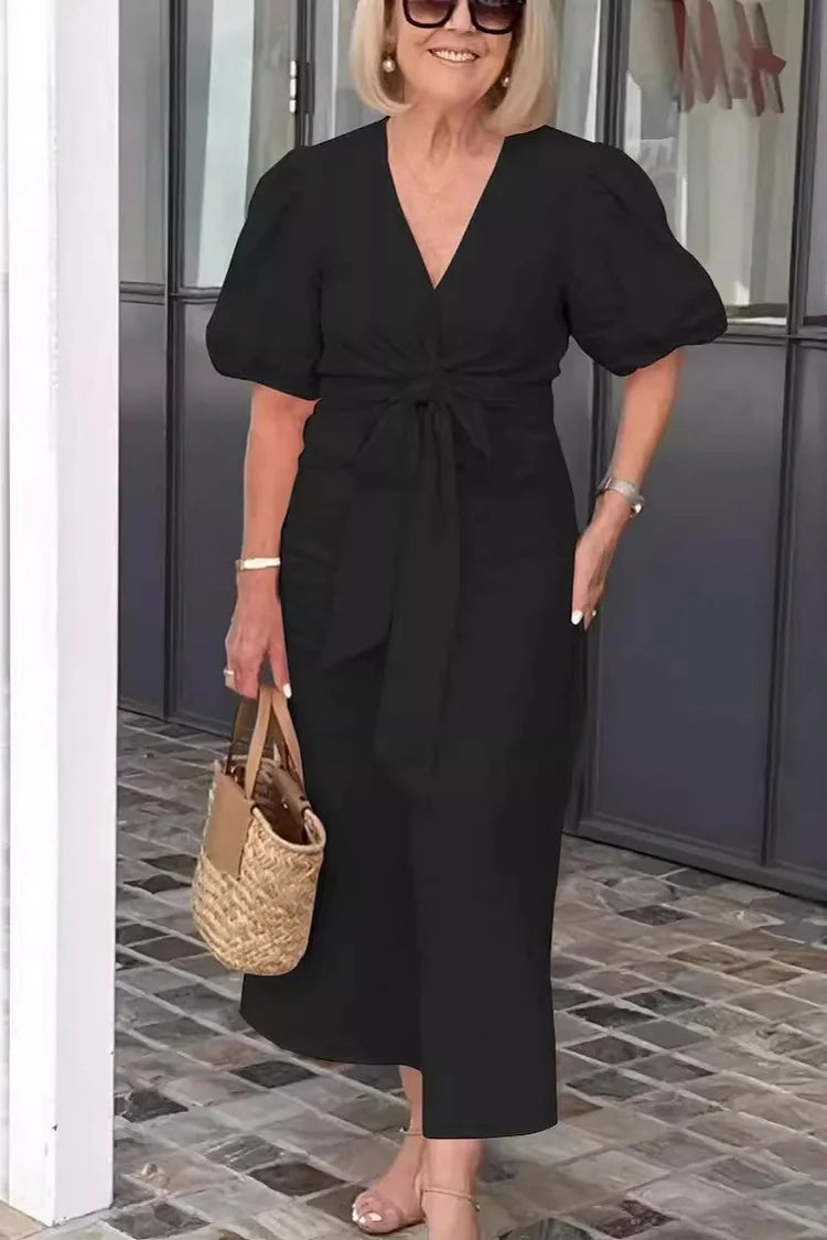 Merle | Robe Maxi en Coton avec Col en V et Manches Bouffantes