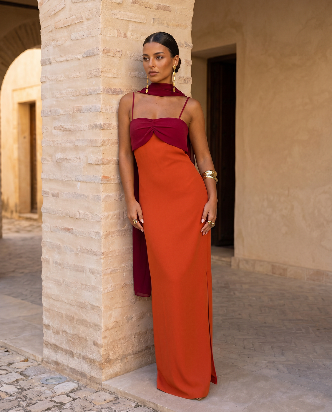 Aurélie | Robe Orange aux Détails Rouges