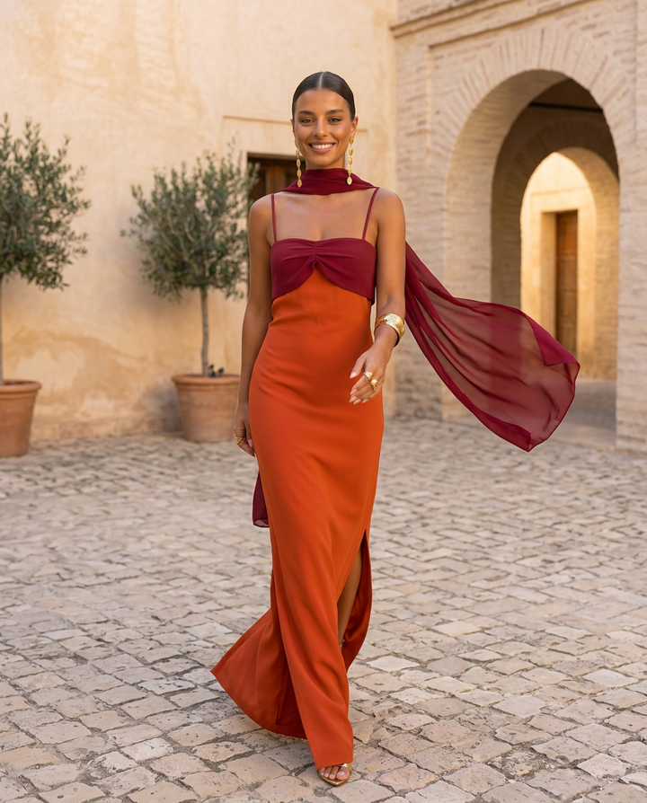 Aurélie | Robe Orange aux Détails Rouges